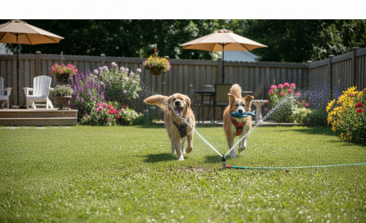 Two happy dogs running and playing inside a water sprinkler on a hot summers day. One wearing a black harness on, the other wearing an orange harness, with a toy in its mouth.